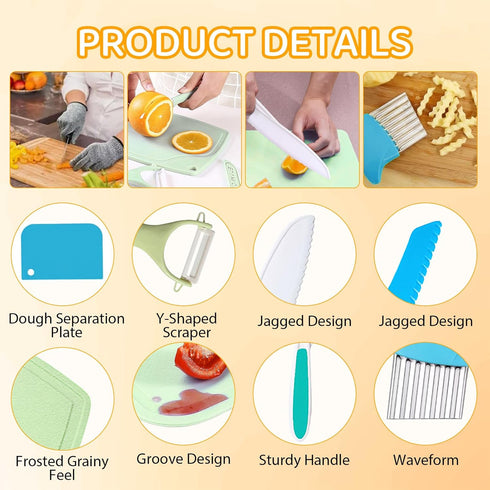 11 Pcs Kids Kitchen Knife Set, Kids Knife Set for Real Cooking, Toddler Knife Set Include Kid Safe Knives, Dough Cutter, Crinkle Cutter, Cutting B...