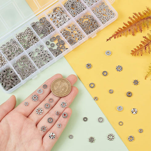 PH PandaHall 480pcs Silver Spacer Beads 14 Style Jewelry Beads Metal Flower Gear Snowflake Rondelle Beads Charm Spacers Tibetan Alloy Loose Beads ...