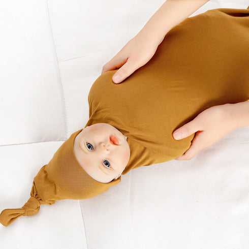 Bayceen Large Jersey Knitted Swaddle Blanket for Baby, Soft Stretchy Receiving Blanket for Newborns with Hat, Large 47 x 47 inches (Copper)...