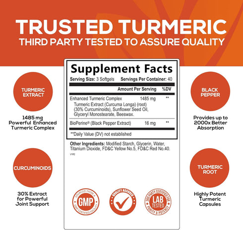 Turmeric Curcumin with BioPerine 95% Standardized Curcuminoids 1500mg - Black Pepper Extract for Max Absorption, Nature's Joint Support Supplement...