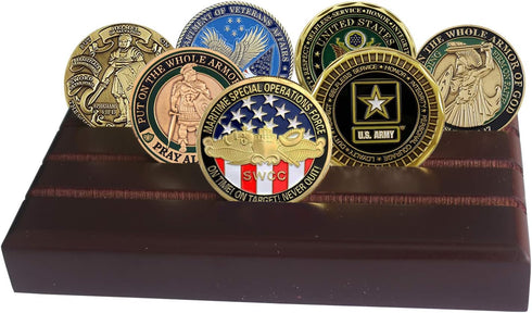 4 Rows Coin Holder, US Army Military Collectible Challenge Coin Display Case Wood Stand, Holds 12-16 Coins...