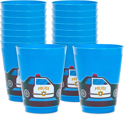 BLUE PANDA 16 Pack Plastic Police Cups for Kids, Car Party Favors for Birthday Party Supplies (16 oz)...