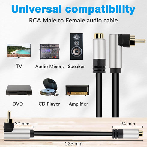 RCA Audio Extension Cable (2 Pack), 90 Degree RCA Male to Female Lead Cable, Digital Coaxial Audio Cable for Home Theater, HDTV, DVD, Amplifiers, ...