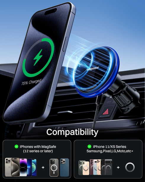 for Magsafe Car Mount Charger, 15W Fast Charging LED Magnetic Wireless Car Charger, Car Phone Holder Charger Mount Fits Air Vent Dashboard for iPh...