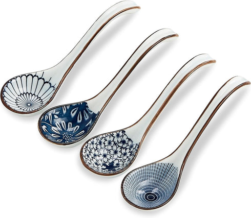 Ceramic Asian Soup Spoon set of 4, Japanese Ramen Spoon in Different Pattern, Perfect for Ramen, Noodle, Chinese Wonton, Vietnamese Pho, Soup Dump...