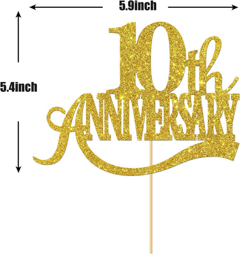 Gold Glitter 10th Anniversary Cake Topper - Happy 10th Wedding Anniversary / Birthday Party Decorations...