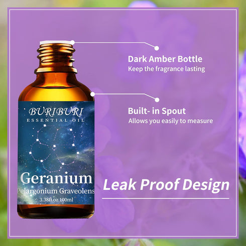 BURIBURI 100ML Geranium Essential Oil, 100% Pure Undiluted Aromatherapy Geranium Oil 3.38fl.oz for Soap, Candle Making, Massage, Diffuser, Humidif...