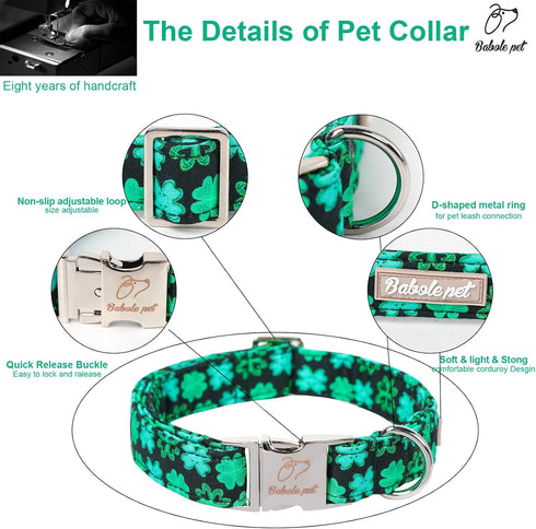 St.Patrick's Day Clover Dog Collars,Black Clover Soft Cotton with Safety Metal Buckle Adjustable Puppy Collars for Small Medium Large Boy & Girl D...
