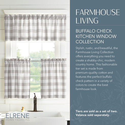 Elrene Home Fashions Farmhouse Living Buffalo-Check Tier Curtain Set for Bathroom or Kitchen Curtains, 30" x 24"(Set of 2 Tiers), Gray/White...
