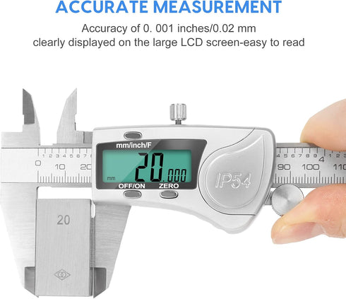 Digital Caliper Measuring Tool, IP54 Waterproof Electronic Micrometer Caliper, Stainlee Steel Vernier Caliper with Large LCD Screen, Inch Metric F...