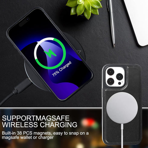 Genuine Leather for Apple iPhone 15 Pro Wallet Case with Card Holder Kickstand, Phone Accessories for Woman Men, 2 pcs Screen Protector 2 pcs Came...