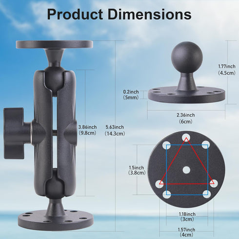 Aluminum Fish Finder Mount with 1" B-size Ball, 360° Rotation Depth Finder Mount Bracket for Boats with Double AMPS Round Plates, 5.6" Long Arm Ma...