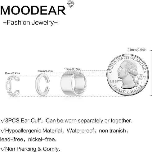 Moodear 3Pcs Chunky/Thin Ear Cuff Non Piercing - Dainty 925 Sterling Silver Cubic Zirconia Huggie Cuffs Trendy Cuff Cartilage Earrings for Women J...