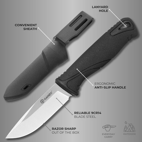 Ganzo G807-BK Fixed Blade Knife 9CR14 Stainless Steel Blade Ergonomic Anti-Slip Handle Camping Hunting Fishing Outdoor EDC Knife with PP Scabbard ...