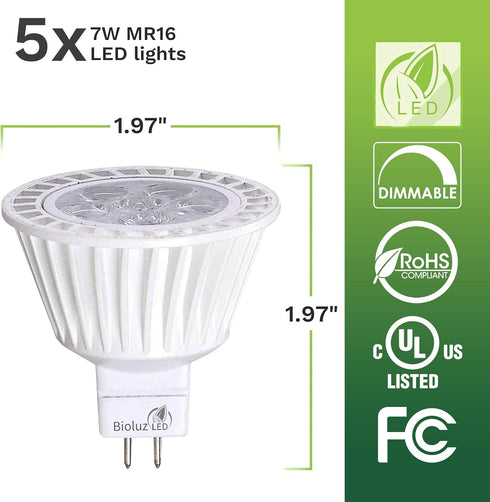 Bioluz LED 5 Pack MR16 LED Bulb Dimmable 50W Halogen Replacement 7w 3000K 12v AC/DC UL Listed High CRI...