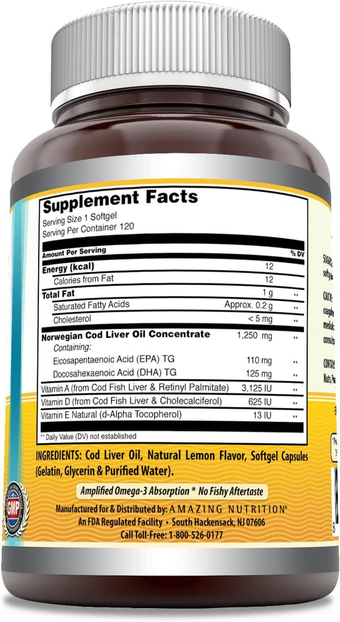 Amazing Omega Norwegian Cod Liver Oil 1250 Mg Softgels Supplement | Omega-3, EPA, DHA, Vitamin A, Vitamin D & Vitamin E (Lemon | 120 Count)...