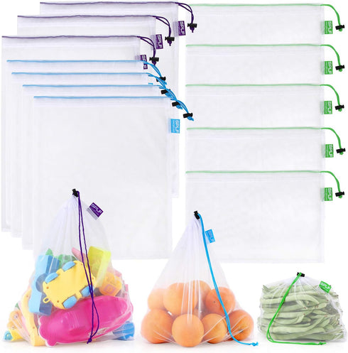 SPLF 12 Pcs Heavy Duty Reusable Mesh Produce Bags, Barcode Scanable See Through Food Safe Mesh Bags with Drawstring for Fruits, Vegetable, Food, T...