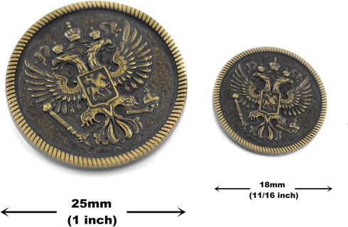 Bezelry Two-Headed Eagle Metal Shank Double Blazer Button Set. 6 Pcs of 25mm, 8 Pcs of 18mm (Antique Brass)...