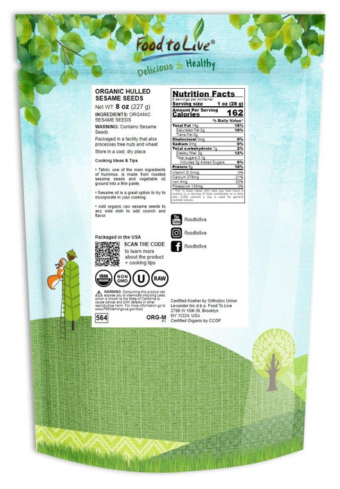 Food to Live Organic Hulled Sesame Seeds, 8 Ounces – Whole Raw White Sesame Seeds, Non-GMO, Kosher, Vegan, Unroasted, Bulk. High in Iron, and Calc...