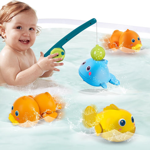 Dwi Dowellin Bath Toys for Toddlers, Magnetic Fishing Games Kids Bathtub Toys, Mold Free Wind-up Toys Swimming Fish Duck Whale Floating Water Toys...