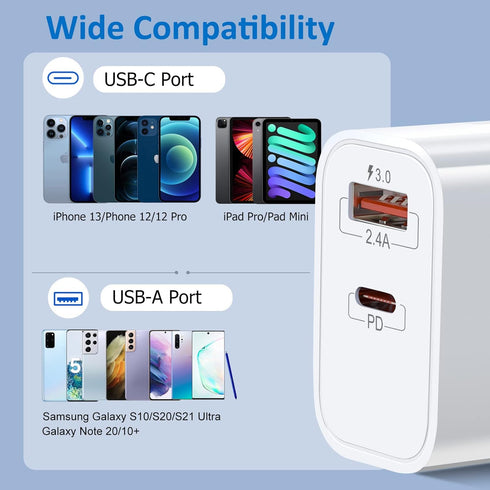 20W USB C Charger Block, Bangfun Dual Port PD 20 Watt Fast Charger Block+ Quick Fast Charge 3.0 Type C Charging Block Compatible iPhone 16/15/14/1...
