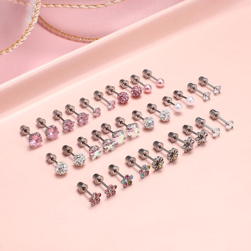 THUNARAZ 16 Pairs Hypoallergenic Screw Back Earrings for Women Girls Surgical Steel Tiny CZ Pearl Ball Heart Flower Screwback Flat Back Stud Earri...
