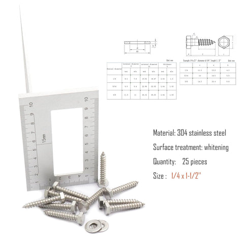 25pcs Hex Head Lag Screws, 1/4" x 1-1/2" Hexagon Head Wood Screws (Fully Threaded), 304 Stainless Steel Lag Bolts, Silvery...