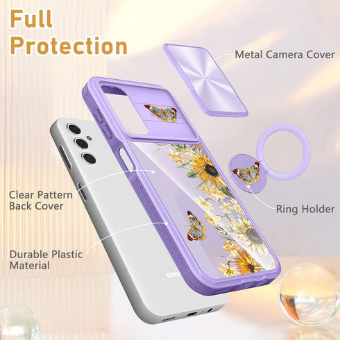for Samsung Galaxy A14 5G Case, Cute Stylish Designer Galaxy A14 5G Phone Cases with Slide Camera Cover + Ring Holder,Sunflower Slim Protective Sh...
