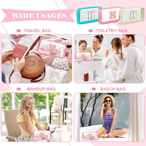 Personalized Initial Letter Clear Makeup Bag,Preppy Small Nylon&PVC Cosmetic Zipper Bag with Chenille Letter,Portable Beach Travel Skincare Toilet...