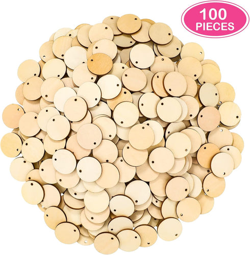 100 Pieces Unfinished Round Wooden Circles with Holes Round Wood Discs for Crafts Blank Natural Wood Circle Cutouts for DIY Crafts Party Birthday ...
