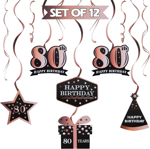 LINGTEER Happy 80th Birthday Decorations - 12 Pcs Birthday Black & Rose Gold Foil Swirls Streamer Set,Cheers to Eighty Years Old Bday Party Gift D...