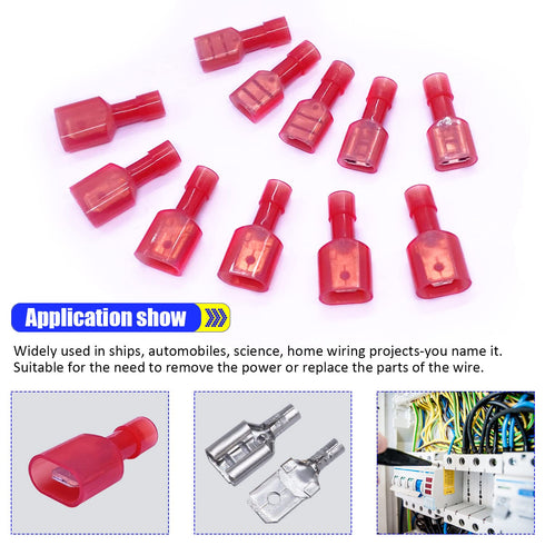 Twidec/100PCS Nylon Spade Connectors Kit 22-18 Gauge Quick Disconnect Fully Insulated Male and Female Wire Spade Terminal Assortment Kit Red N-025...