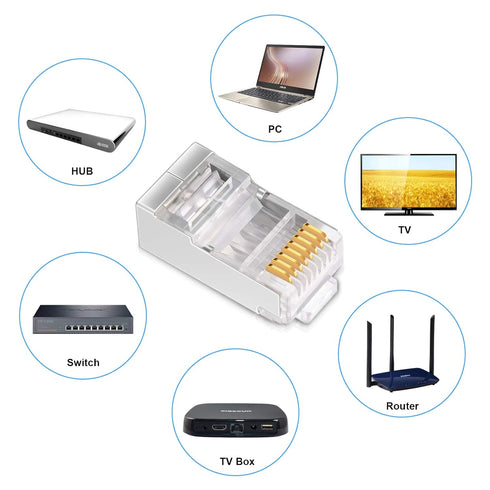 iGreely Shielded Cat6 RJ45 Connectors 50 Pack Gold Plated RJ45 Cat6/Cat5E/Cat5 8P8C 50 Micron 50u 3 Prong FTP STP Ethernet Cable Crimp Modular Plu...