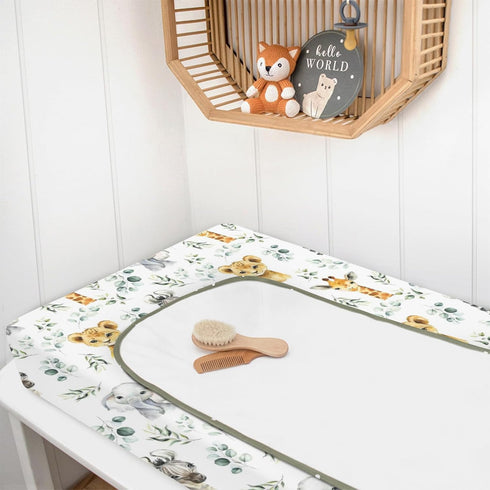 African Safari Jungle Animals Eucalyptus Leaf Changing Pad Cover Baby Girls Boys, Giraffe Elephant Lion Zebra Diaper Change Table Sheet, Stretchy ...