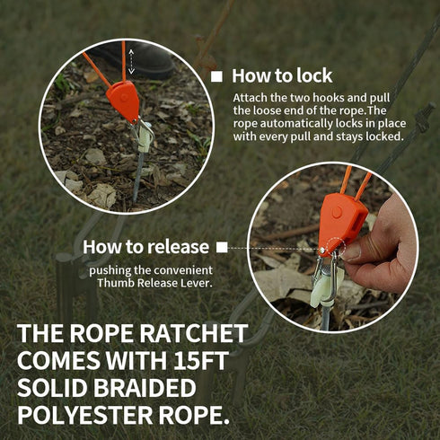 2Pack 5/32" 15ft Rope Ratchet Hanger Tie Down Tent Strap with Hooks Reinforced Metal Gear for Tent Canopy Camping Essentials...