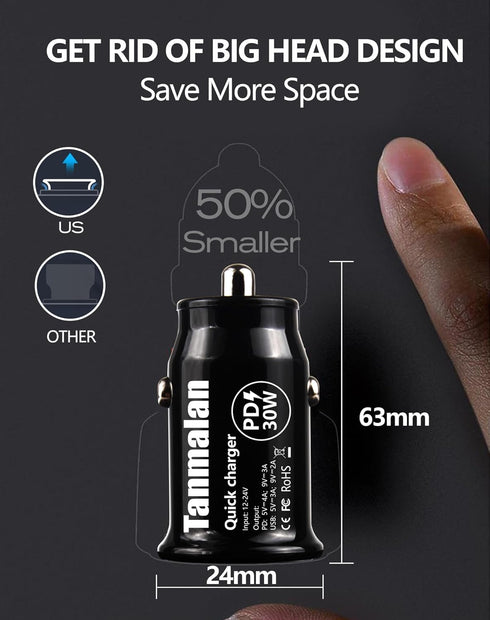Fast Charging-Mini Design-Tanmalan Quick Car Charger,PD + QC,Mini Design Black,5V 4A,......
