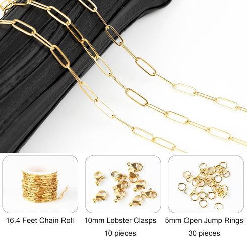 Jabogrii 5 Meters Stainless Steel Paperclip Jewelry Chains Gold Oval Soldered Chain for Jewelry Making Necklace Bracelet Chain with Lobster Clasps...