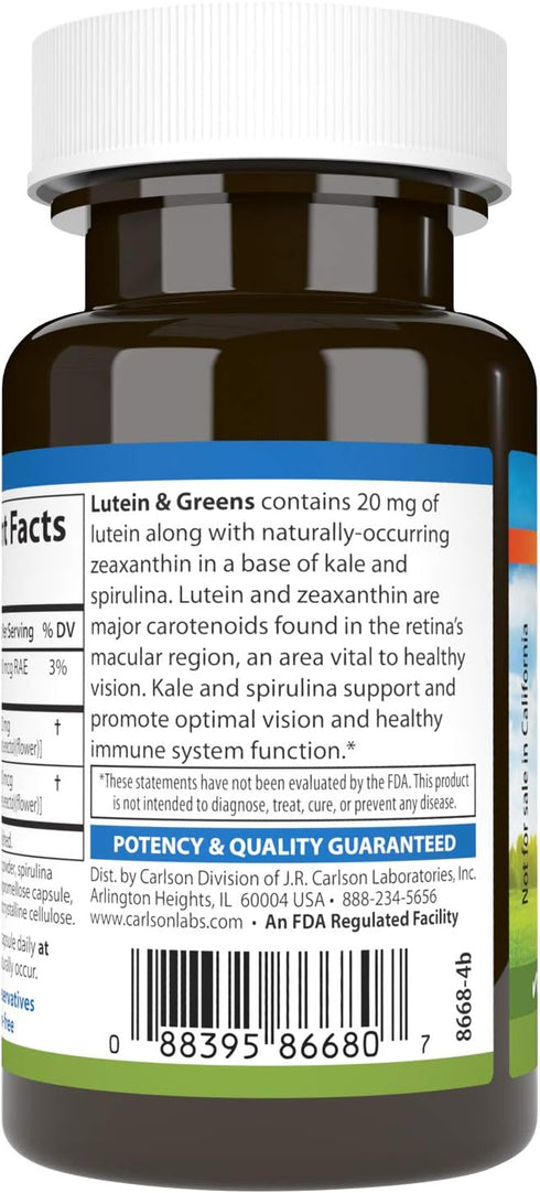 Carlson - Lutein & Greens, 20 mg, Vision Support & Eye Function, Antioxidant, 30 Vegetarian Capsules...