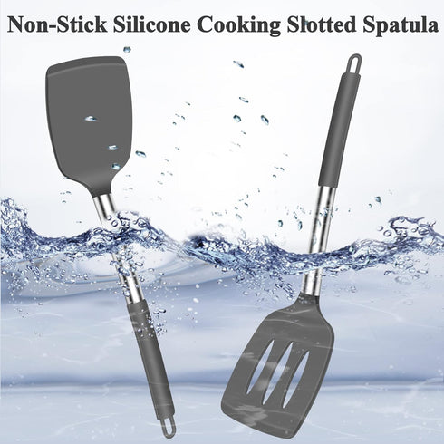 Silicone Cooking Spatula Turner, Heat Resistant Large Silicone Slotted Spatula Solid Spatulas for Nonstick Cookware, BPA Free Black Silicone Kitch...