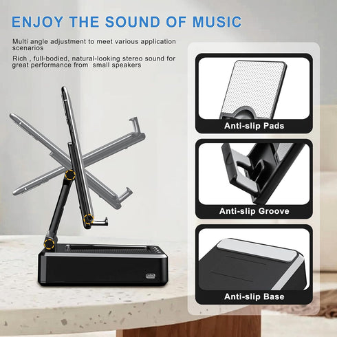 Cell Phone Stand with Wireless Bluetooth Speaker Compatible for Any Smartphones,Anti-Slip Design Phone Holder with HD Surround Sound Bluetooth Spe...