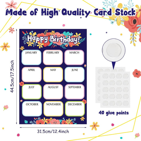 Spakon 2 Pack Floral Birthday Poster Chart for Classroom 12.4 x 17.5 Inch Happy Birthday Decoration Birthday Calendar Poster Chart Classroom Decor...