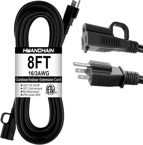 HUANCHAIN Indoor Outdoor Black Extension Cord 8 ft Waterproof, 16/3 Gauge Flexible Cold-Resistant Appliance Extension Cord Outside, 13A 1625W 16AW...