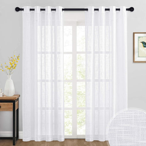 RYB HOME White Curtains Sheer - Linen Textured Wave Semi Sheer Farmhouse Window Curtain Set for Bedroom Living Room Office Diffuse Sunlight Furnit...