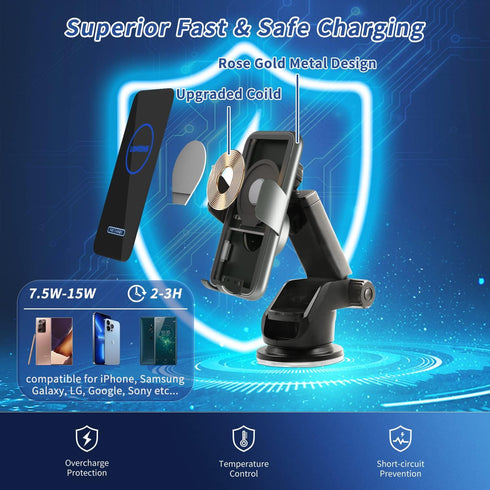 15W Fast Car Mount Charger, Charging Wireless Car Charger Phone Mount Phone Stand, Car Charger for iPhone 15 14 13 12 11 Pro Max, Samsung etc Wind...
