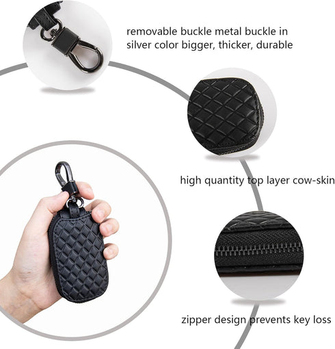 Amiss Universal Remote Key Fob Cover, Car Key Case/Protector, Genuine Leather Car Smart Keychain Holder Metal Hook and Keyring Zipper Bag - Black ...
