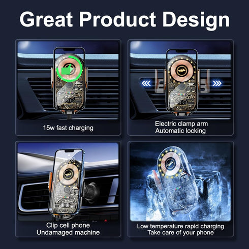 Car Phone Mount, Car Phone Mount Wireless Charger, Wireless Car Charger, Qi 15W Fast Charging Auto Clamp Mount Air Vent Phone Mount Compatible wit...