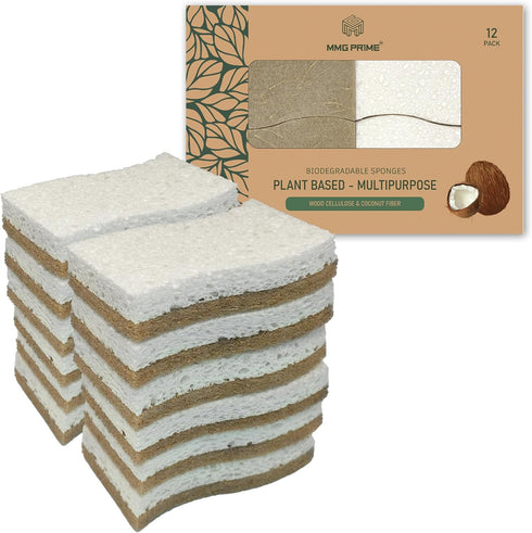 12PCS Natural Kitchen Sponges - Biodegradable Non-Scratch Cellulose and Coconut Fiber Sponge - Pack of 12 Compostable Sustainable and Durable Spon...