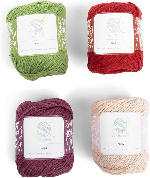 mindfulknits - Knitting Yarn - Crochet Yarn - Mindfulness and Relaxation 100 Percent Cotton Yarn, Multicolor 4-Pack Medium Number 4 Worsted Bundle...