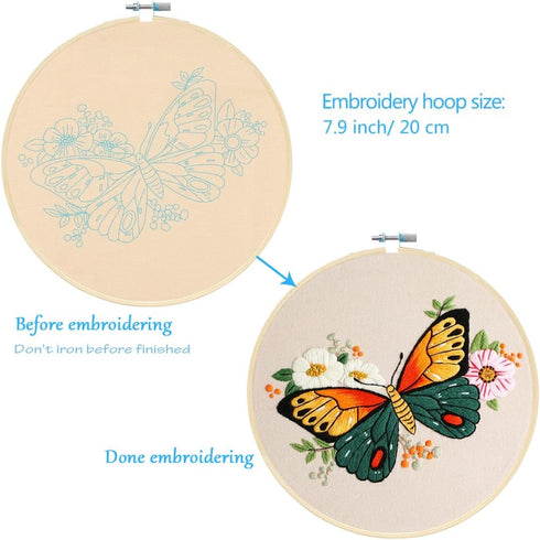 MIKIMIQI 3 Pack Embroidery Starter Kit with Pattern, Flowers Butterfly Stamped Embroidery Kit Including Embroidery Fabrics, Bamboo Hoops, Threads ...