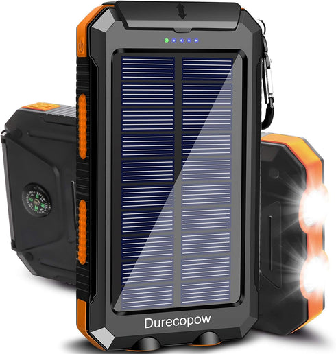 Solar Charger, 20000mAh Portable Outdoor Waterproof Solar Power Bank, Camping External Backup Battery Pack Dual 5V USB Ports Output, 2 Led Light F...